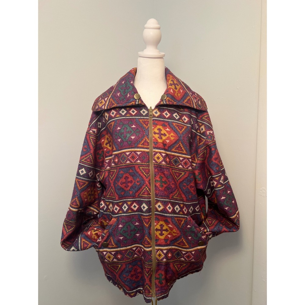 Vintage‎ Reversible Southwestern Tapestry Jacket Navy Blue Windbreaker Medium
